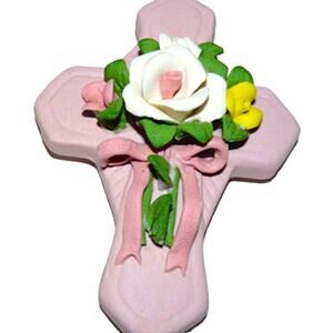Autom Vintage Pink Ceramic Cross Trinket Box w 3D Floral Design & Removable Lid